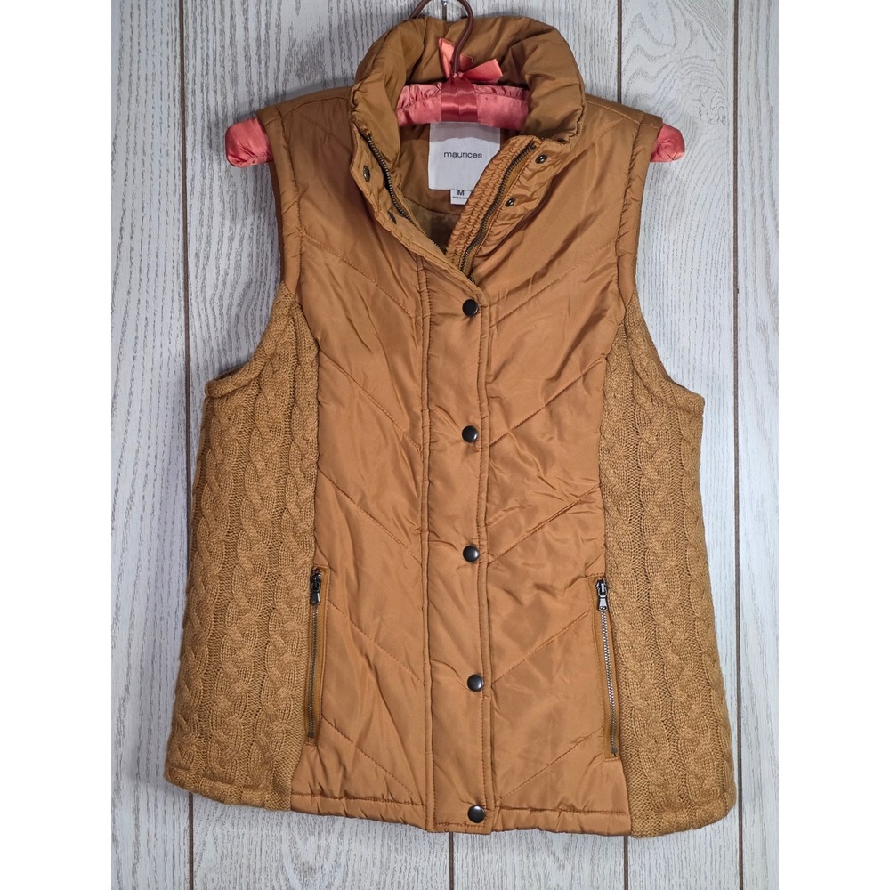 Maurices Brown Quilted Puffer Vest Mixed Media Cable Knit Trim Size M